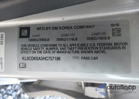 2017 Chevrolet Spark 1Lt Cvt из США, поврежденный, VIN KL8CD6SA5HC757196